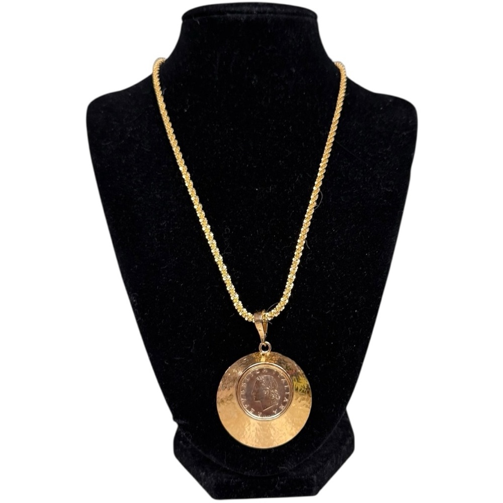 Gold Plated Coin Pendant Necklace Textured Twist Medallion Chain 13.5” Jtv